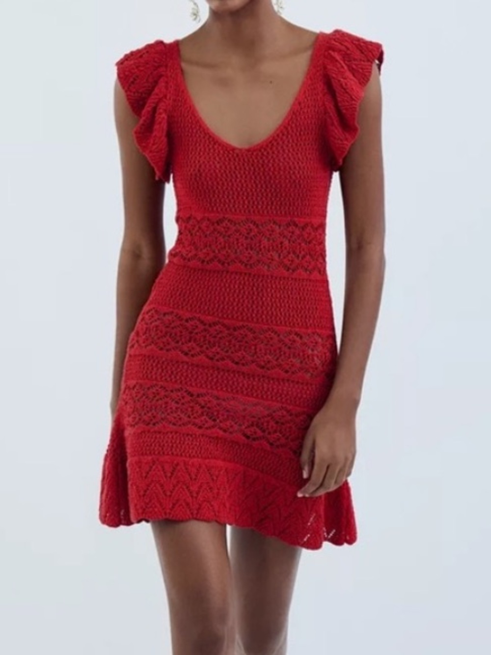 Zara Red Crochet Midi Dress with Ruffle Sleeves